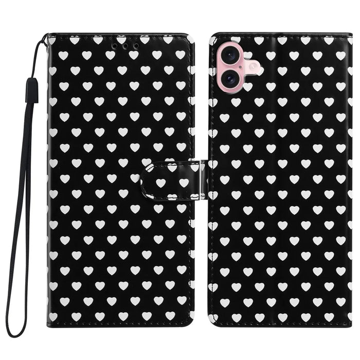 For iPhone 16 Case Heart Pattern PU Leather Flip Wallet Stand Phone Cover with Wrist Strap - Black - 1