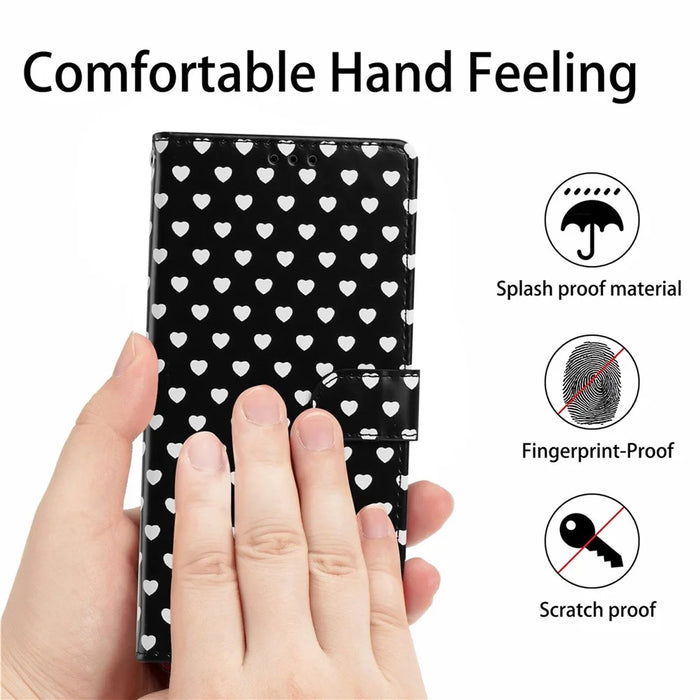 For iPhone 16 Case Heart Pattern PU Leather Flip Wallet Stand Phone Cover with Wrist Strap - Black - 5