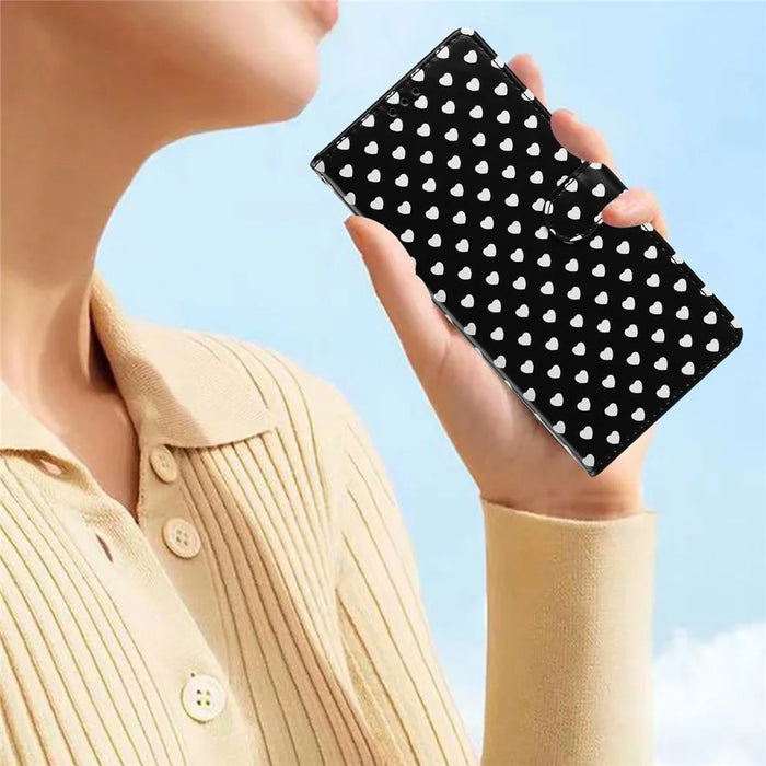 For iPhone 16 Case Heart Pattern PU Leather Flip Wallet Stand Phone Cover with Wrist Strap - Black - 6
