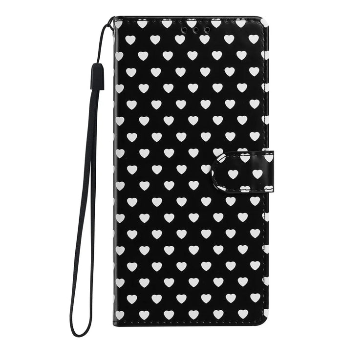 For iPhone 16 Case Heart Pattern PU Leather Flip Wallet Stand Phone Cover with Wrist Strap - Black - 7
