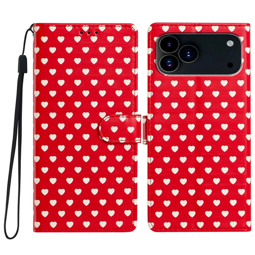 For iPhone 17 Pro Max Case Heart Pattern PU Leather Flip Wallet Stand Phone Cover with Wrist Strap - Red - 1