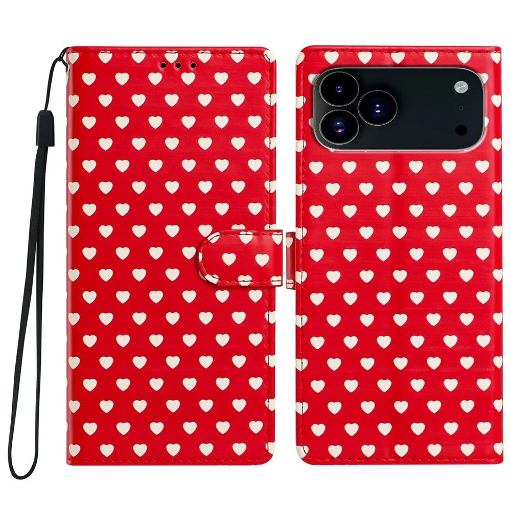 For iPhone  18 Pro / 17  Pro Case Heart Pattern PU Leather Flip Wallet Stand Phone Cover with Wrist Strap - Red - 1