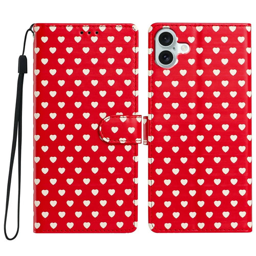For iPhone 17 Case Heart Pattern PU Leather Flip Wallet Stand Phone Cover with Wrist Strap - Red - 1