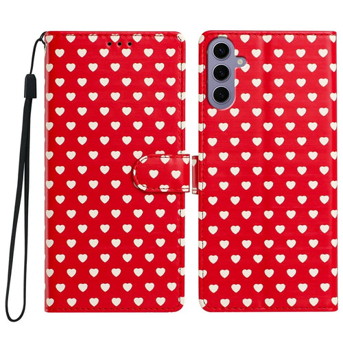 For Samsung Galaxy A16 4G / A16 5G Case Heart Pattern PU Leather Flip Wallet Stand Phone Cover with Wrist Strap - Red - 1