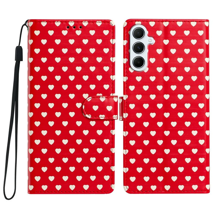 For Samsung Galaxy A26 5G Case Heart Pattern PU Leather Flip Wallet Stand Phone Cover with Wrist Strap - Red - 1