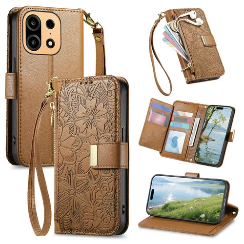 For OnePlus Turbo 6X Pro 5G Case Floral Leaf Pattern Multi Card Slots Zipper Leather Phone Cover with Wrist Strap - Brown - 1