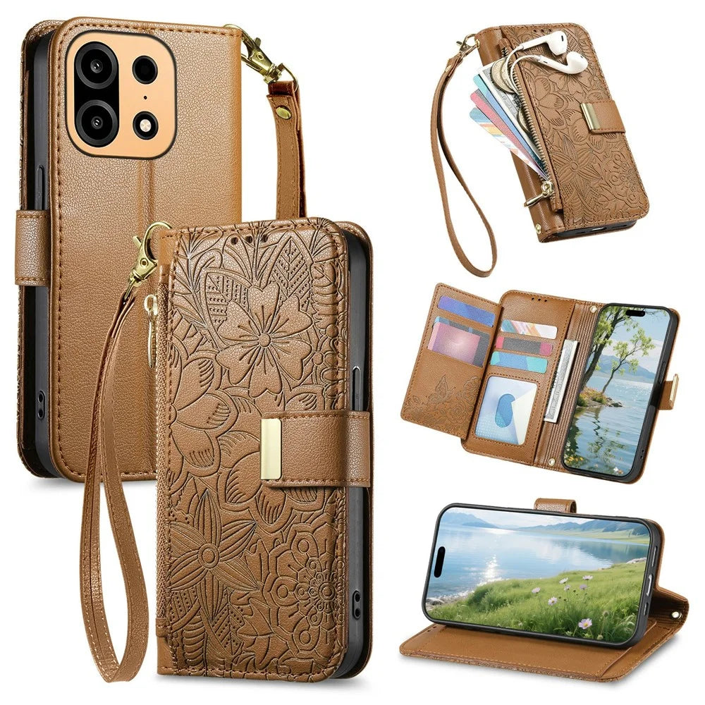For OnePlus Turbo 6X Pro 5G Case Floral Leaf Pattern Multi Card Slots Zipper Leather Phone Cover with Wrist Strap - Brown - 1