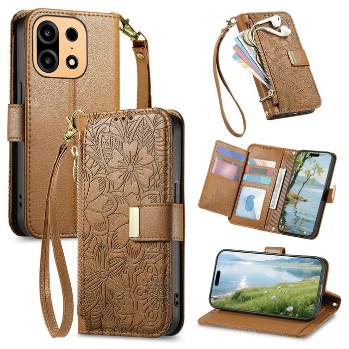 For OnePlus Turbo 6X Pro 5G Case Floral Leaf Pattern Multi Card Slots Zipper Leather Phone Cover with Wrist Strap - Brown - 1