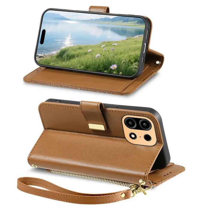 For OnePlus Turbo 6X Pro 5G Case Floral Leaf Pattern Multi Card Slots Zipper Leather Phone Cover with Wrist Strap - Brown - 3