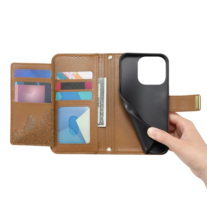 For OnePlus Turbo 6X Pro 5G Case Floral Leaf Pattern Multi Card Slots Zipper Leather Phone Cover with Wrist Strap - Brown - 4