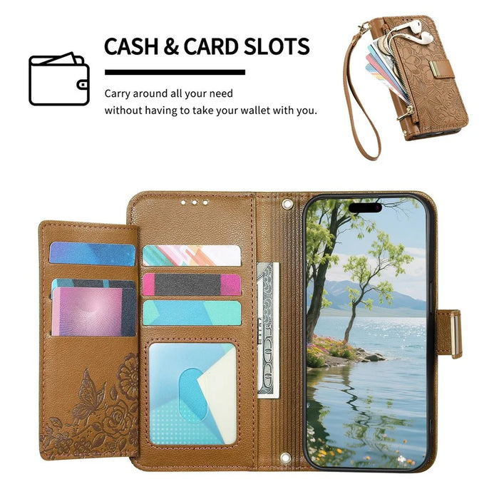 For OnePlus Turbo 6X Pro 5G Case Floral Leaf Pattern Multi Card Slots Zipper Leather Phone Cover with Wrist Strap - Brown - 6