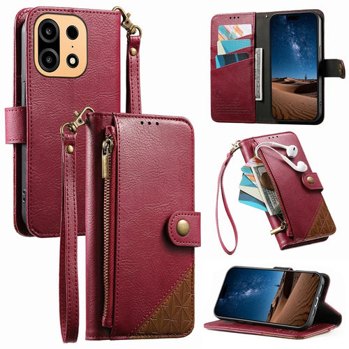 For OnePlus Turbo 6X Pro 5G Case Color Splicing PU Leather Flip Shockproof Phone Cover with Wrist Strap - Red - 1