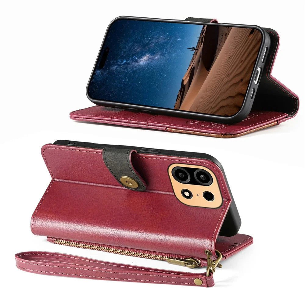 For OnePlus Turbo 6X Pro 5G Case Color Splicing PU Leather Flip Shockproof Phone Cover with Wrist Strap - Red - 3