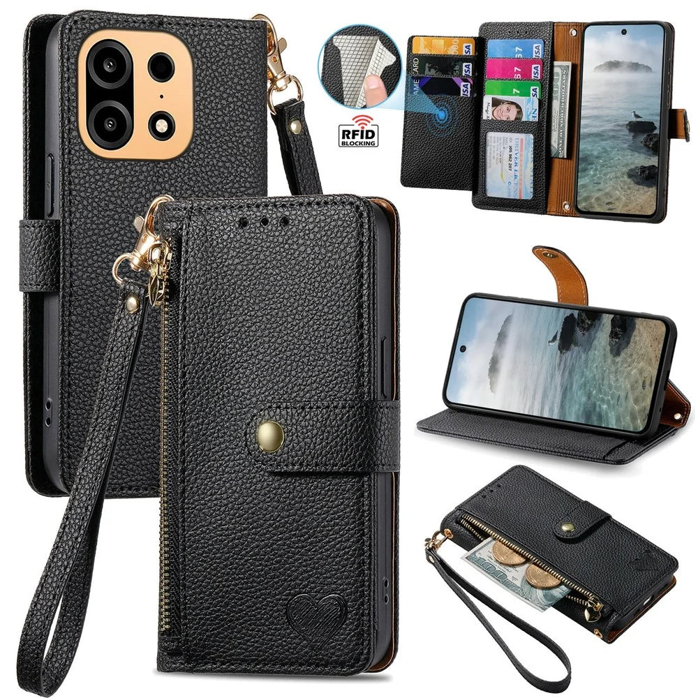 For OnePlus Turbo 6X Pro 5G Case RFID Blocking Zipper Pocket Leather Wallet Phone Cover with Strap - Black - 1