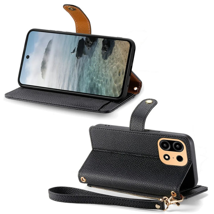 For OnePlus Turbo 6X Pro 5G Case RFID Blocking Zipper Pocket Leather Wallet Phone Cover with Strap - Black - 3