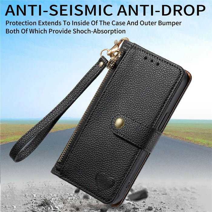 For OnePlus Turbo 6X Pro 5G Case RFID Blocking Zipper Pocket Leather Wallet Phone Cover with Strap - Black - 4