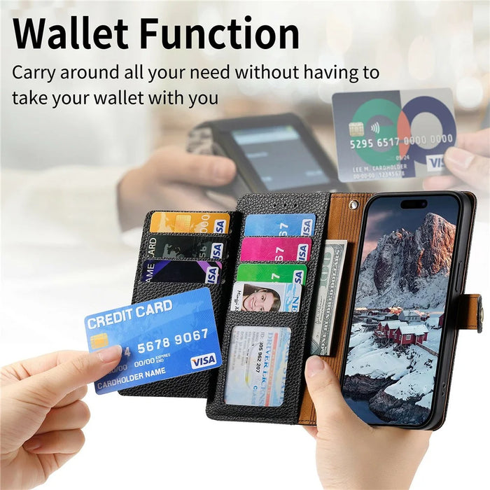 For OnePlus Turbo 6X Pro 5G Case RFID Blocking Zipper Pocket Leather Wallet Phone Cover with Strap - Black - 6