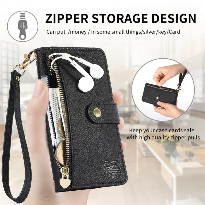 For OnePlus Turbo 6X Pro 5G Case RFID Blocking Zipper Pocket Leather Wallet Phone Cover with Strap - Black - 7