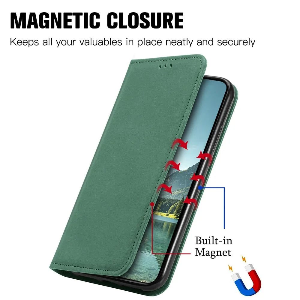 For OnePlus Turbo 6X Pro 5G Leather Case with Card Holder Magnetic Absorption Phone Cover - Green - 4