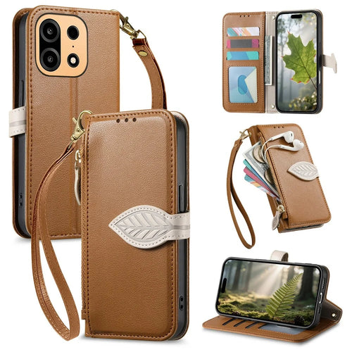 For OnePlus Turbo 6X Pro 5G Stand Case Leaf Shape Magnetic Clasp Leather Phone Cover with Hand Strap - Brown - 1