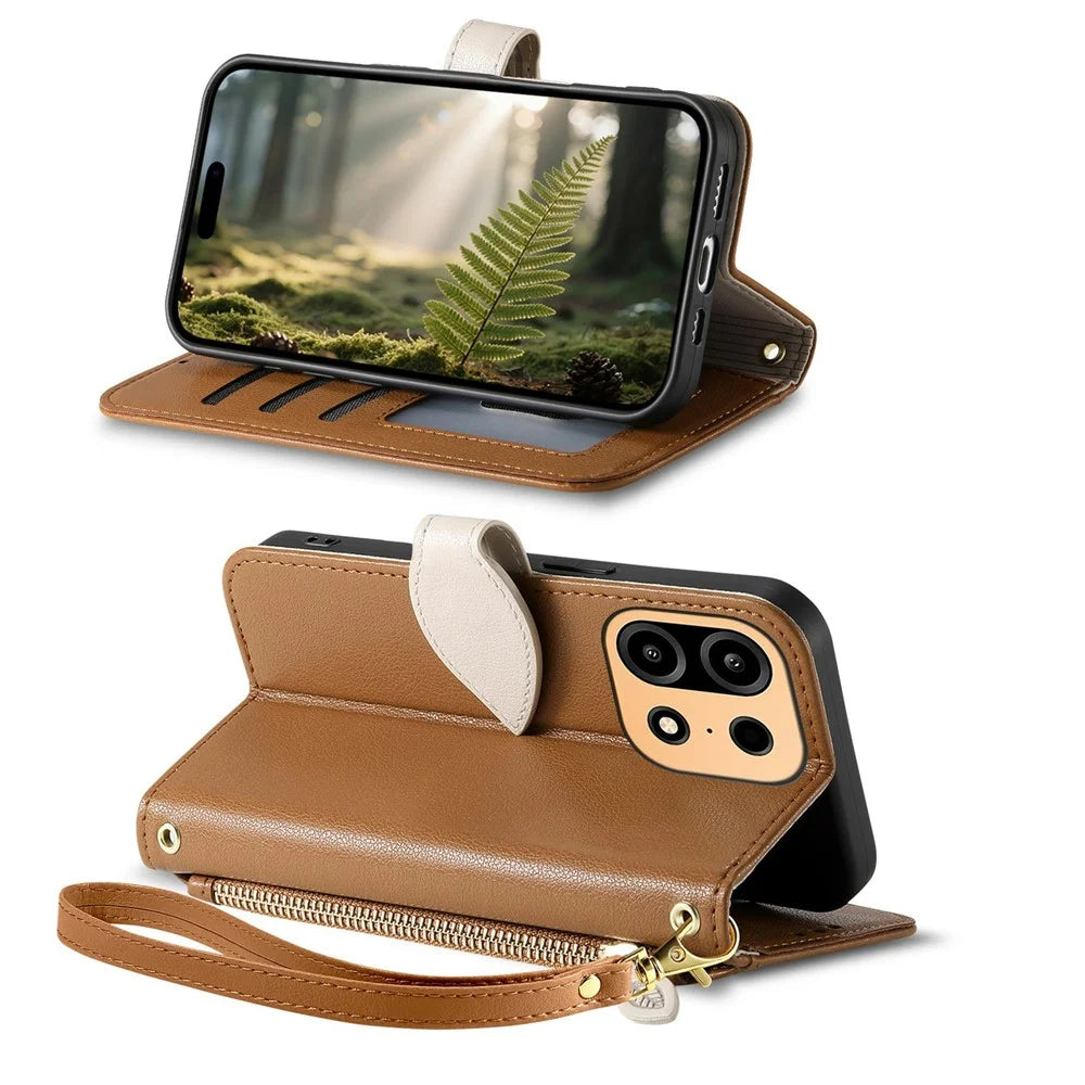 For OnePlus Turbo 6X Pro 5G Stand Case Leaf Shape Magnetic Clasp Leather Phone Cover with Hand Strap - Brown - 3