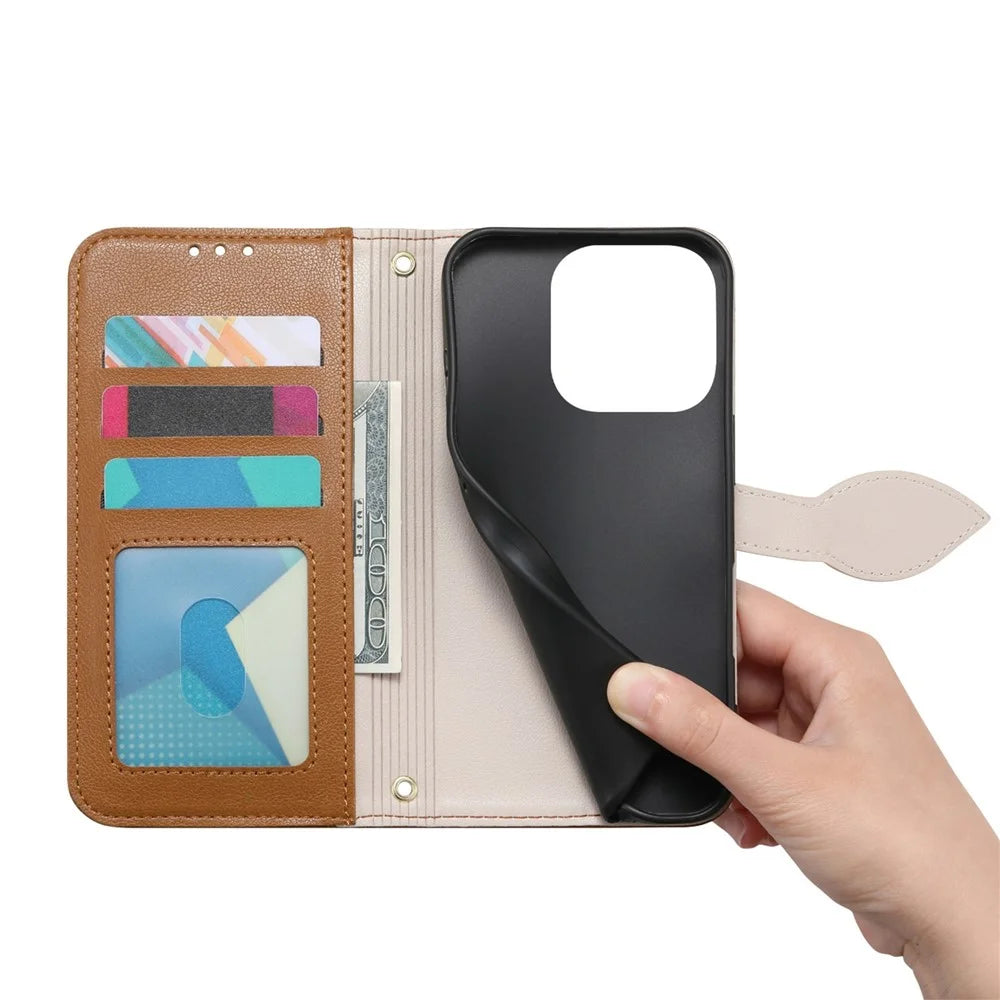 For OnePlus Turbo 6X Pro 5G Stand Case Leaf Shape Magnetic Clasp Leather Phone Cover with Hand Strap - Brown - 4