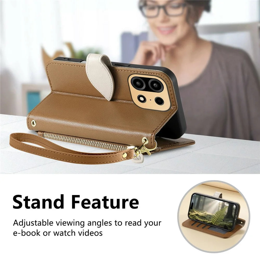For OnePlus Turbo 6X Pro 5G Stand Case Leaf Shape Magnetic Clasp Leather Phone Cover with Hand Strap - Brown - 5