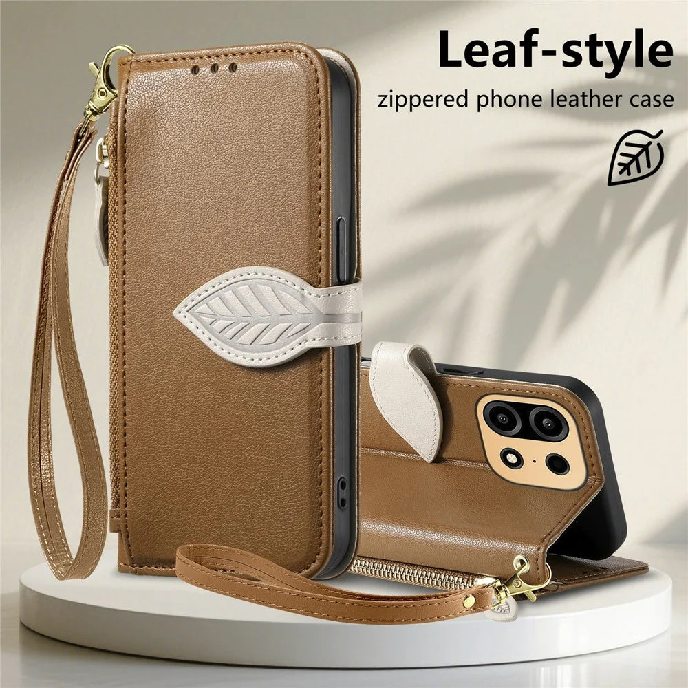 For OnePlus Turbo 6X Pro 5G Stand Case Leaf Shape Magnetic Clasp Leather Phone Cover with Hand Strap - Brown - 6