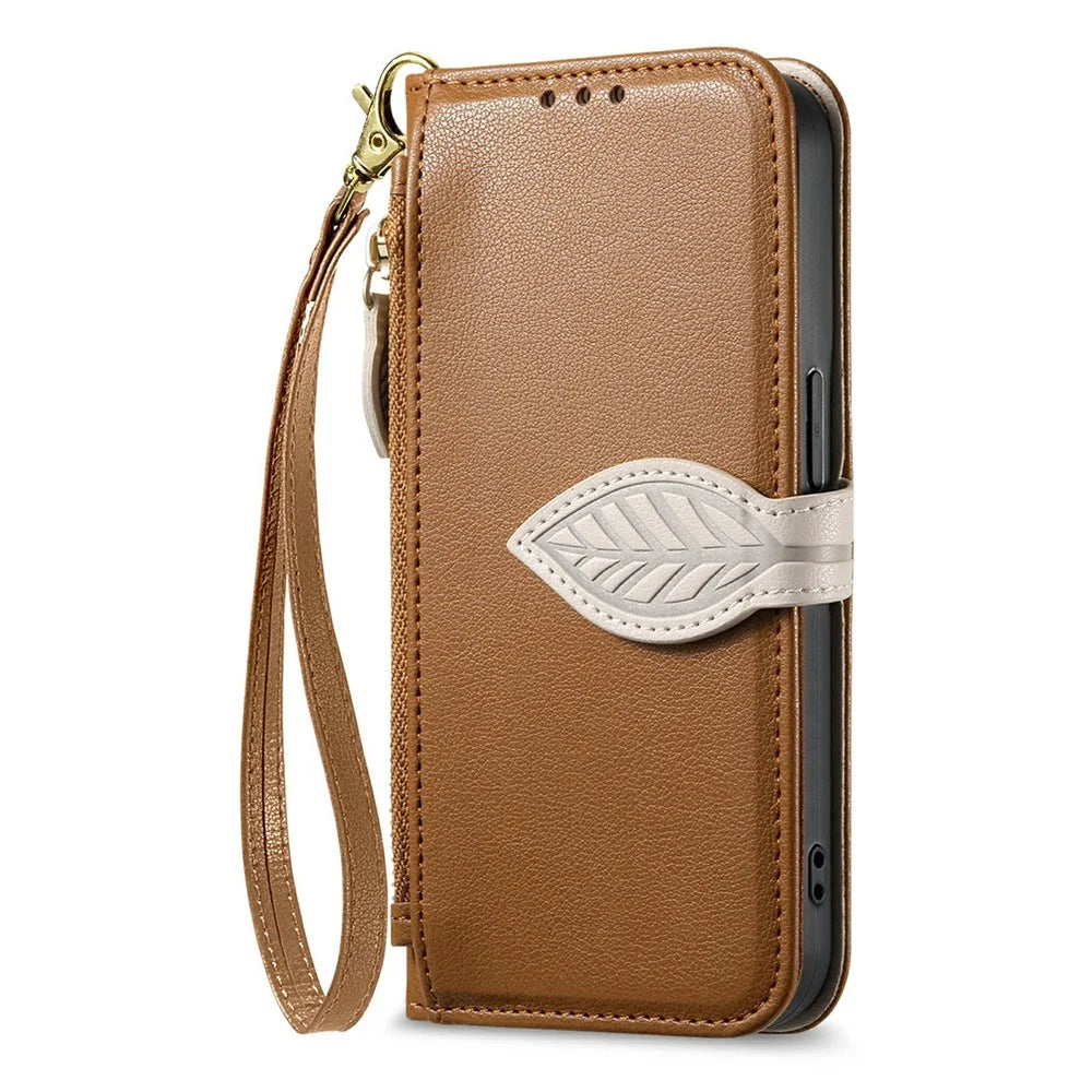 For OnePlus Turbo 6X Pro 5G Stand Case Leaf Shape Magnetic Clasp Leather Phone Cover with Hand Strap - Brown - 7