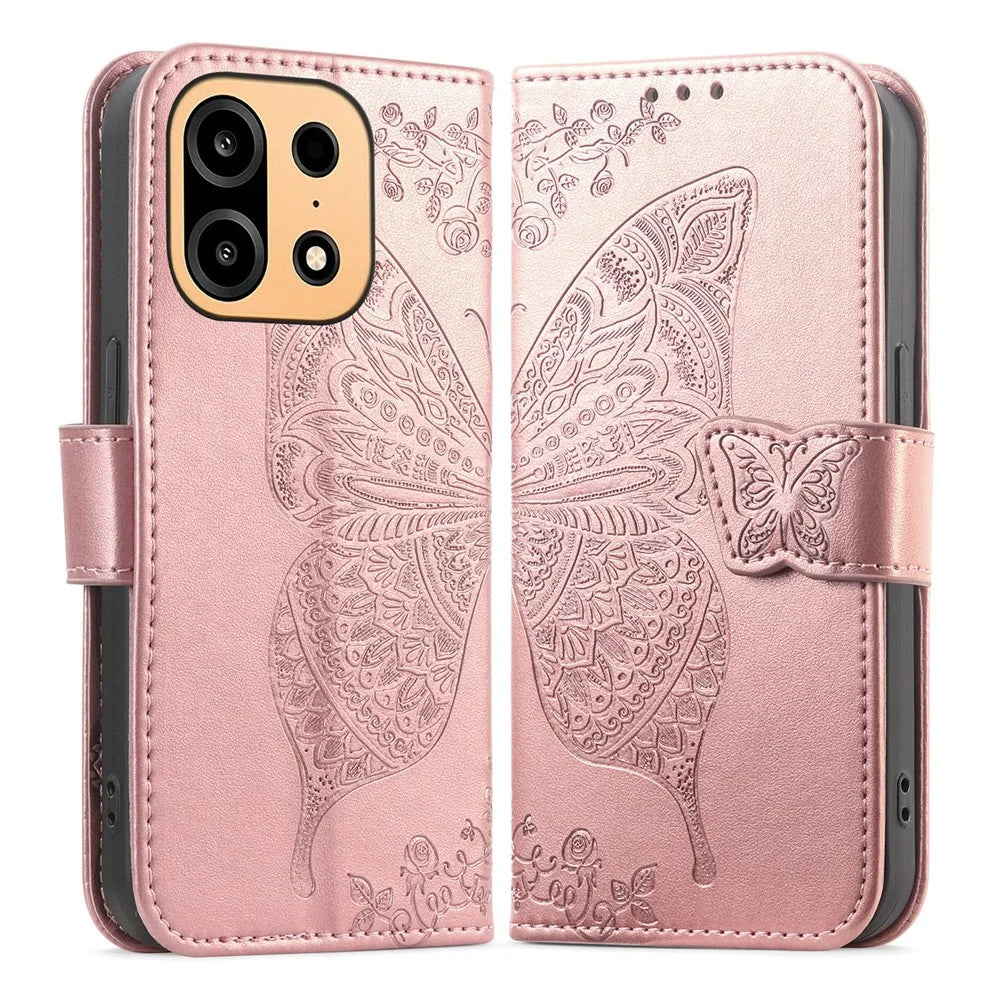 For OnePlus Turbo 6X Pro 5G Case with Strap Butterfly Pattern PU Leather Wallet Phone Cover - Rose Gold - 1