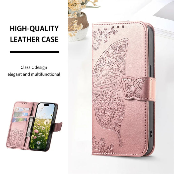 For OnePlus Turbo 6X Pro 5G Case with Strap Butterfly Pattern PU Leather Wallet Phone Cover - Rose Gold - 4