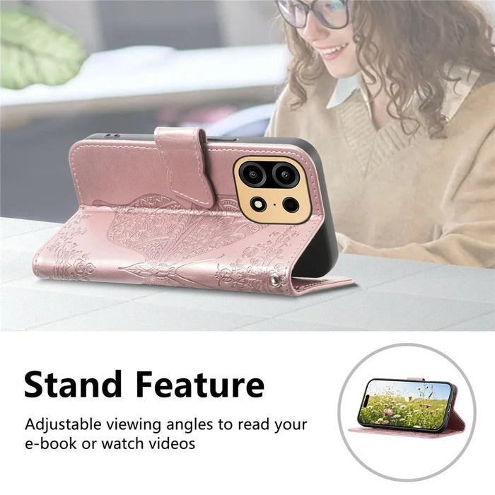 For OnePlus Turbo 6X Pro 5G Case with Strap Butterfly Pattern PU Leather Wallet Phone Cover - Rose Gold - 7
