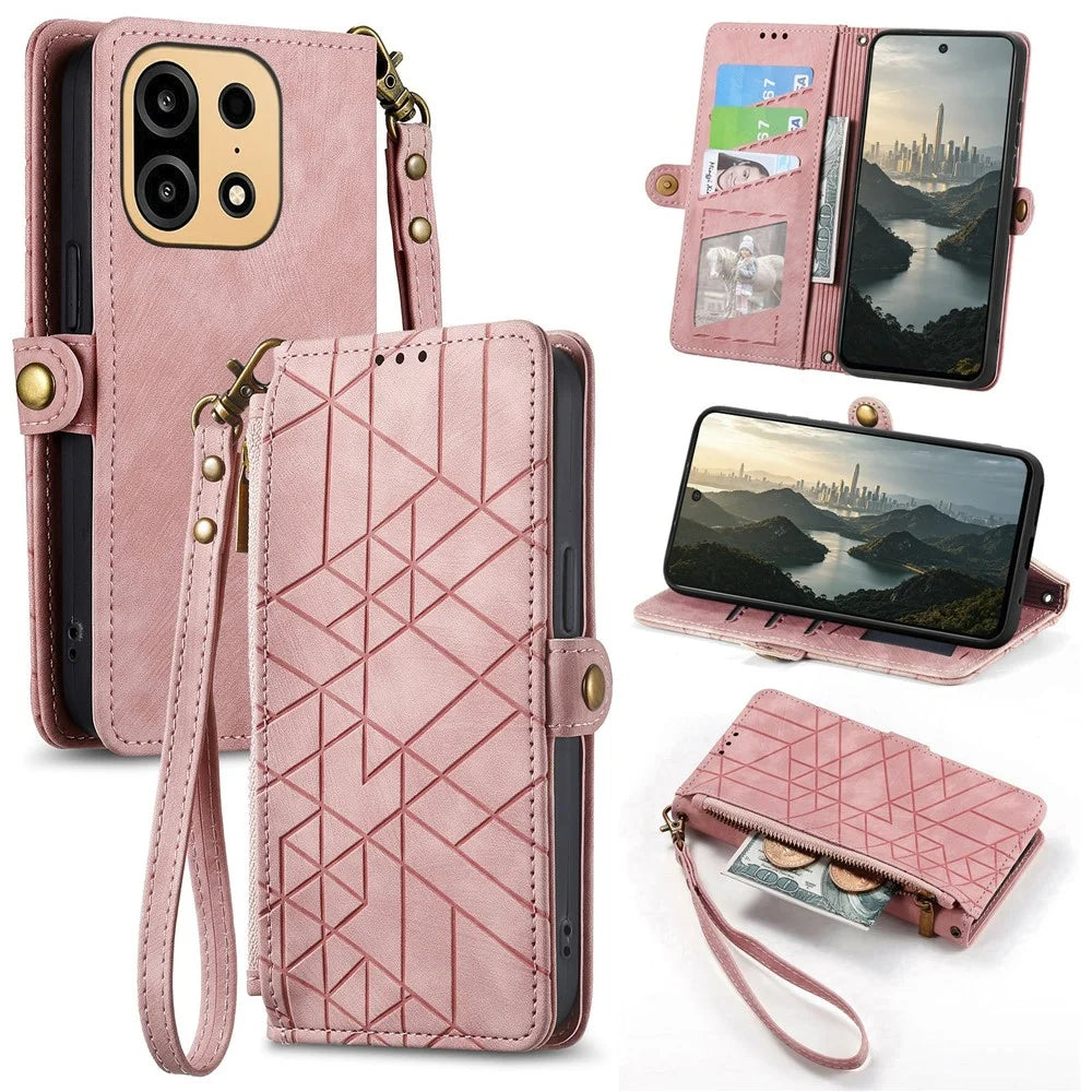 For OnePlus Turbo 6X Pro 5G Case Zipper Wallet Geometry Lines Leather Phone Cover with Strap - Pink - 1