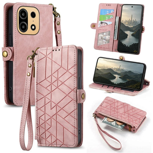 For OnePlus Turbo 6X Pro 5G Case Zipper Wallet Geometry Lines Leather Phone Cover with Strap - Pink - 1