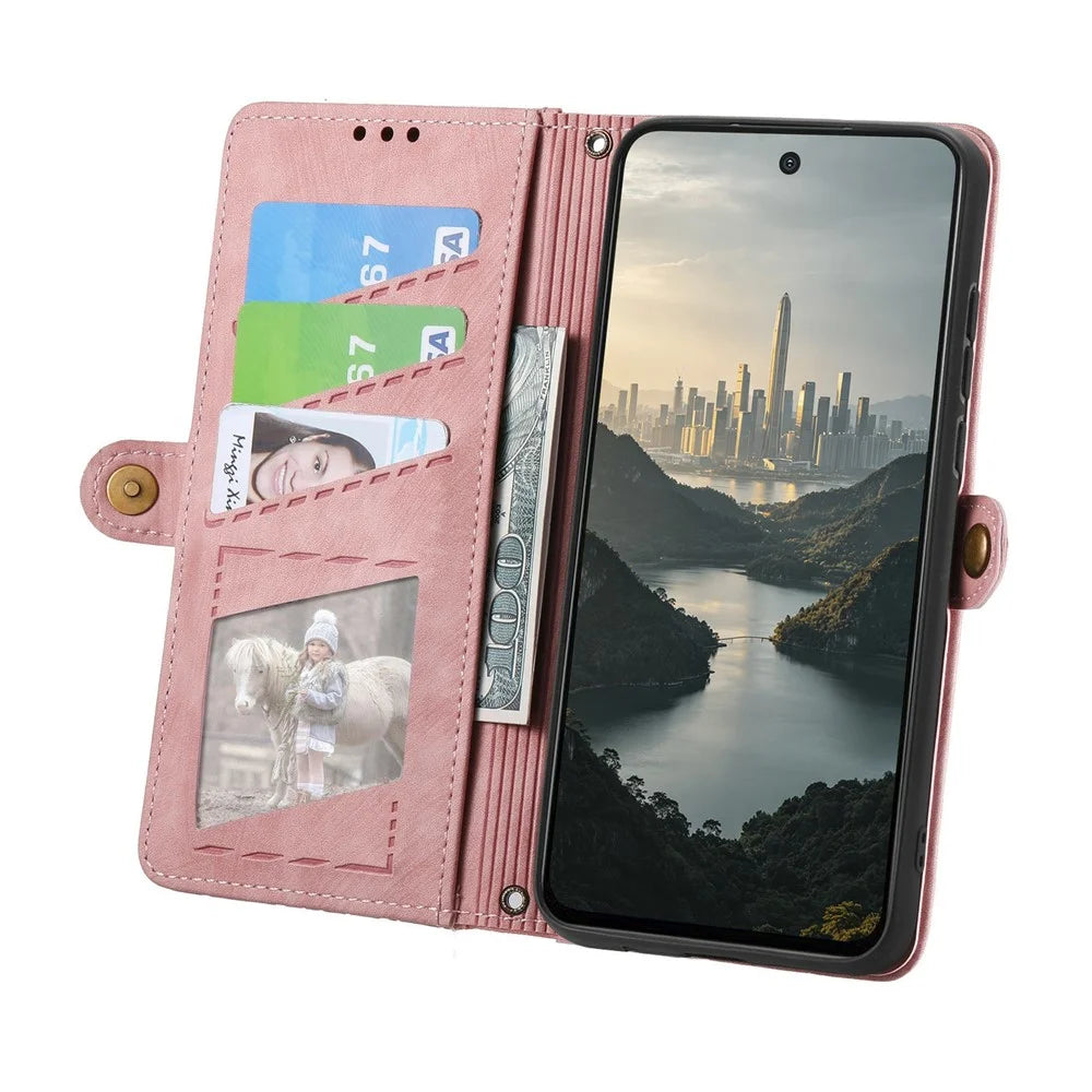 For OnePlus Turbo 6X Pro 5G Case Zipper Wallet Geometry Lines Leather Phone Cover with Strap - Pink - 2
