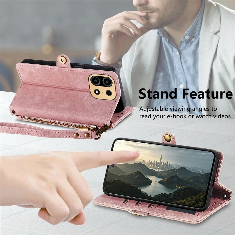 For OnePlus Turbo 6X Pro 5G Case Zipper Wallet Geometry Lines Leather Phone Cover with Strap - Pink - 6