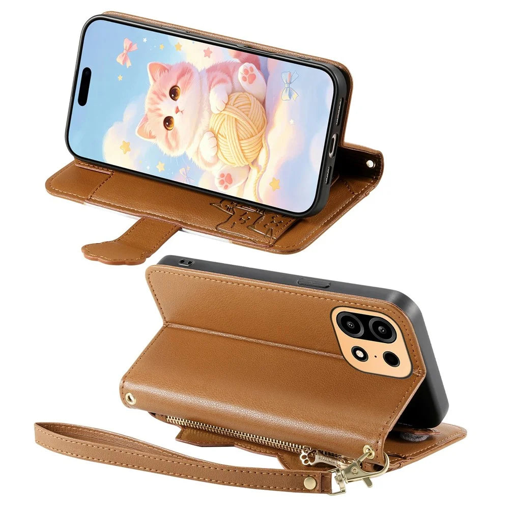 For OnePlus Turbo 6X Pro 5G Leather Case Cartoon Cat Pattern Wallet Stand Phone Cover with Wrist Strap - Brown - 3