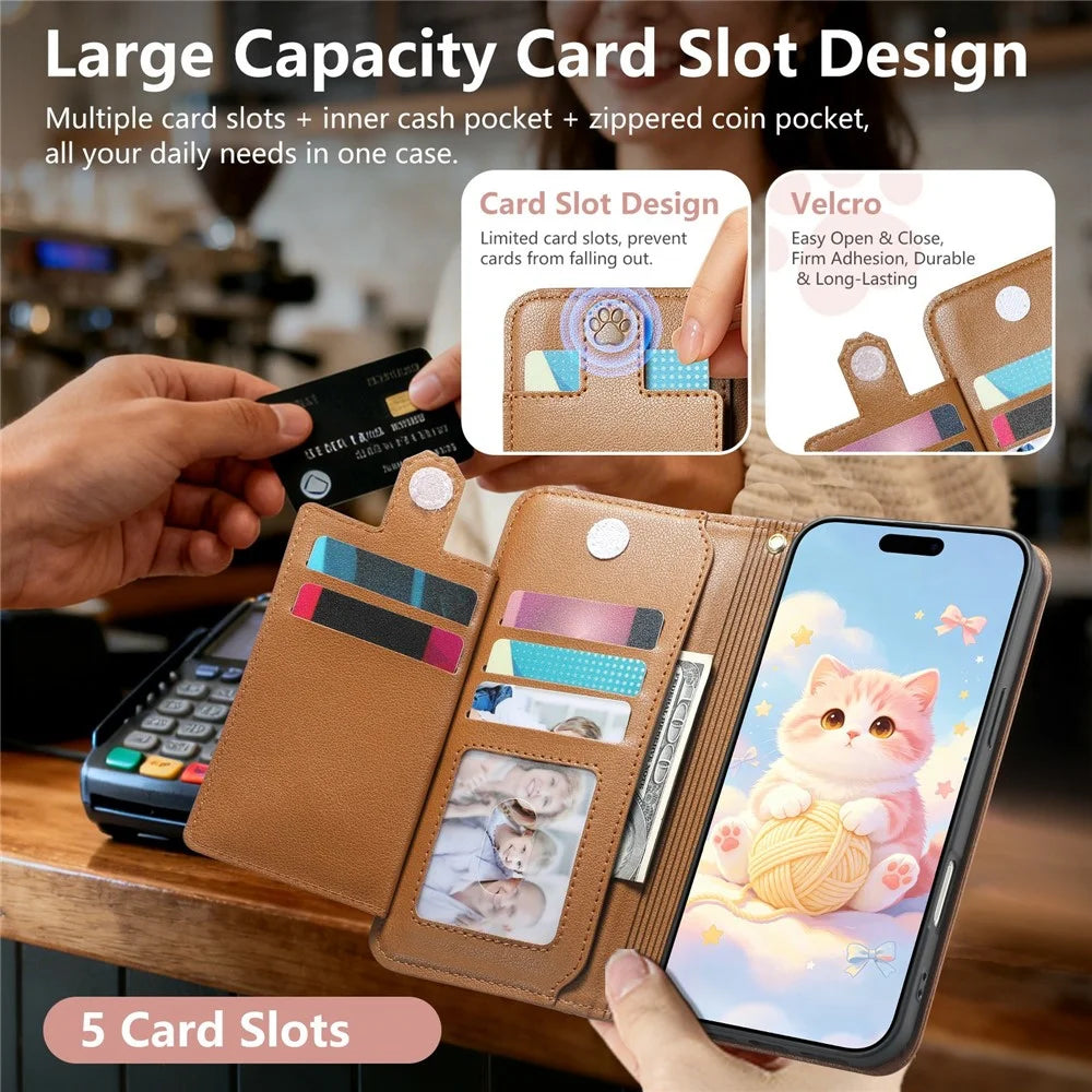 For OnePlus Turbo 6X Pro 5G Leather Case Cartoon Cat Pattern Wallet Stand Phone Cover with Wrist Strap - Brown - 5