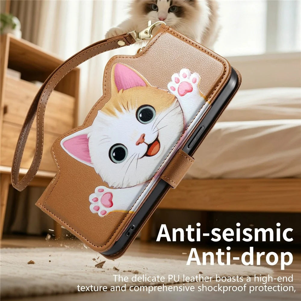 For OnePlus Turbo 6X Pro 5G Leather Case Cartoon Cat Pattern Wallet Stand Phone Cover with Wrist Strap - Brown - 6