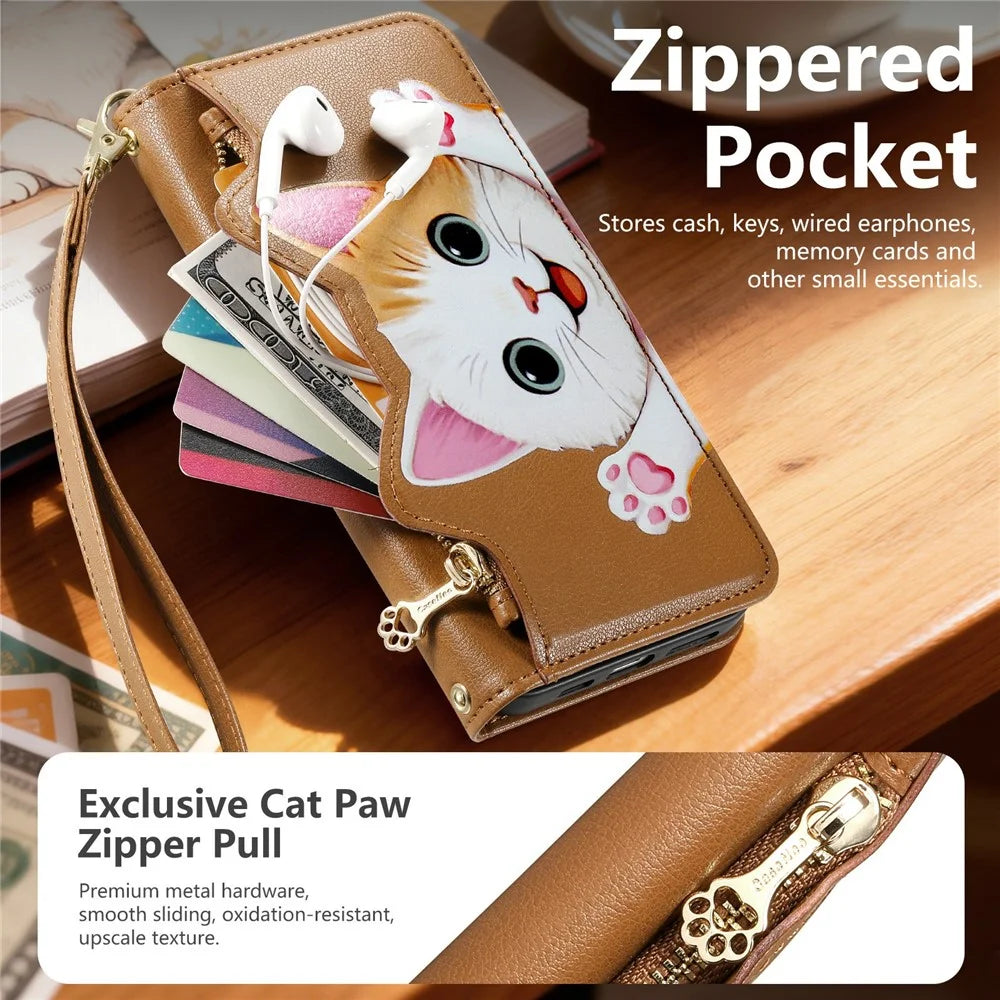 For OnePlus Turbo 6X Pro 5G Leather Case Cartoon Cat Pattern Wallet Stand Phone Cover with Wrist Strap - Brown - 7