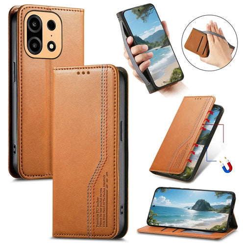 For OnePlus Turbo 6X Pro 5G Case Wallet Tri-Color Stitching Leather Phone Cover with Elastic Wristband - Brown - 1