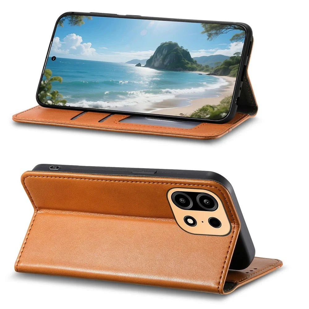 For OnePlus Turbo 6X Pro 5G Case Wallet Tri-Color Stitching Leather Phone Cover with Elastic Wristband - Brown - 3