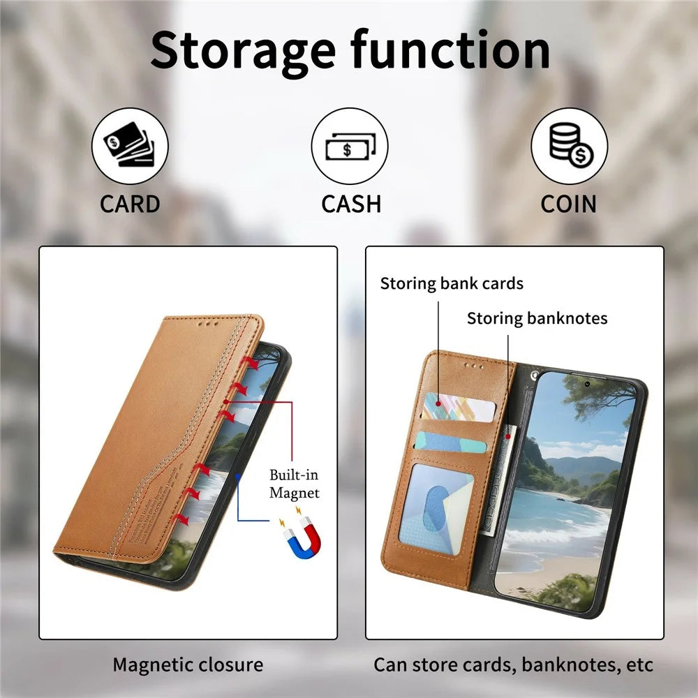 For OnePlus Turbo 6X Pro 5G Case Wallet Tri-Color Stitching Leather Phone Cover with Elastic Wristband - Brown - 7
