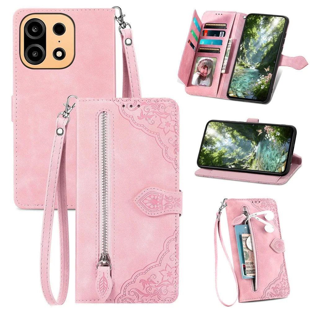 For OnePlus Turbo 6X Pro 5G Zipper Wallet Case with Strap Flower Imprint PU Leather Phone Cover - Pink - 1