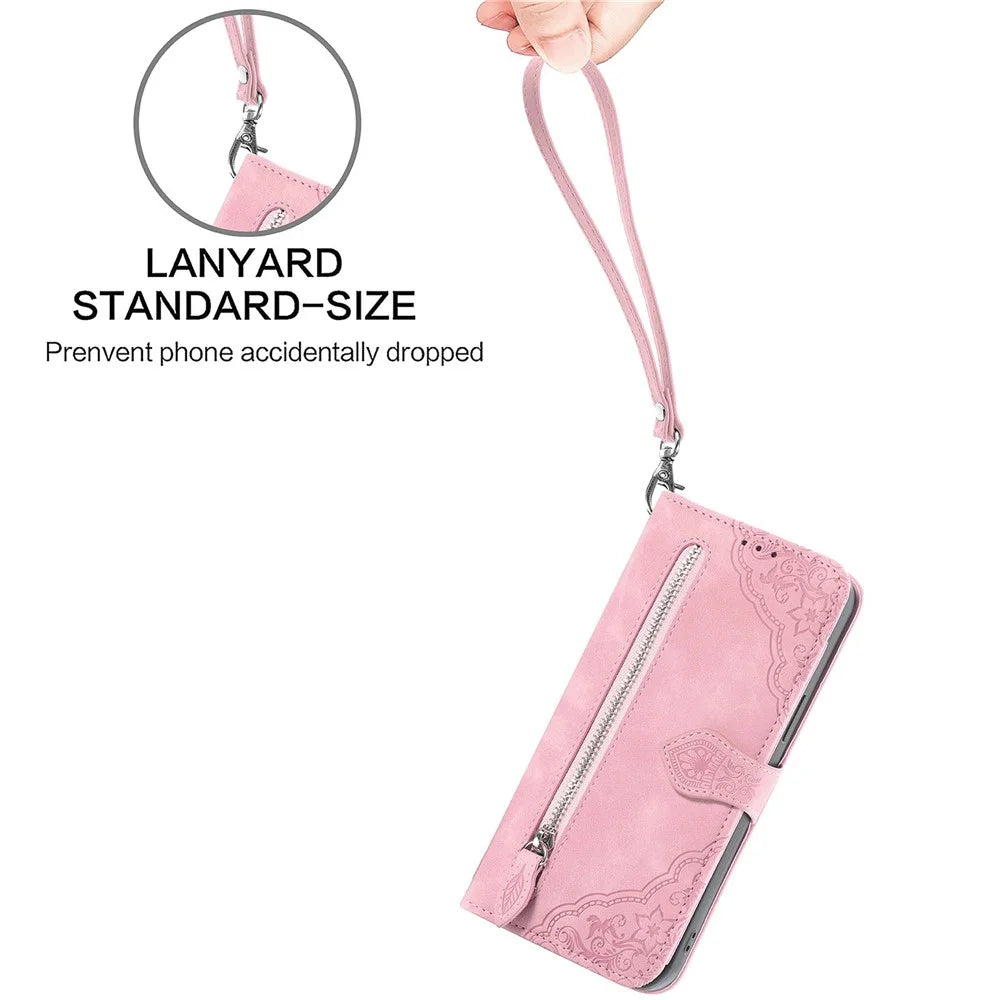 For OnePlus Turbo 6X Pro 5G Zipper Wallet Case with Strap Flower Imprint PU Leather Phone Cover - Pink - 5