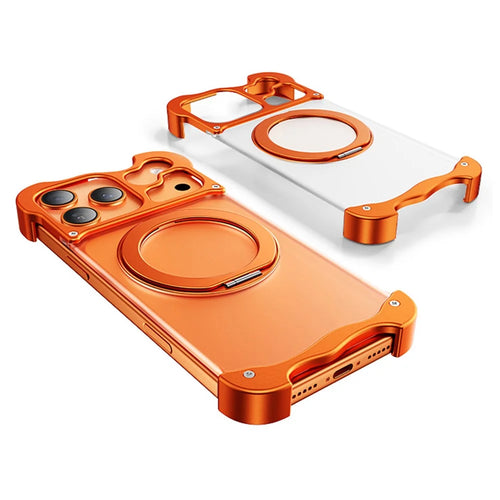 For iPhone 17 Pro Case Magnetic Rotating Kickstand PC + Aluminium Alloy Frameless Phone Cover - Orange - 1