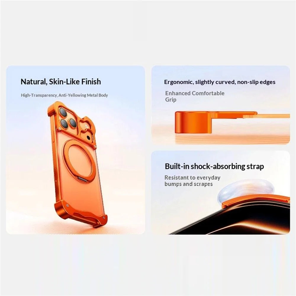 For iPhone 17 Pro Case Magnetic Rotating Kickstand PC + Aluminium Alloy Frameless Phone Cover - Orange - 3
