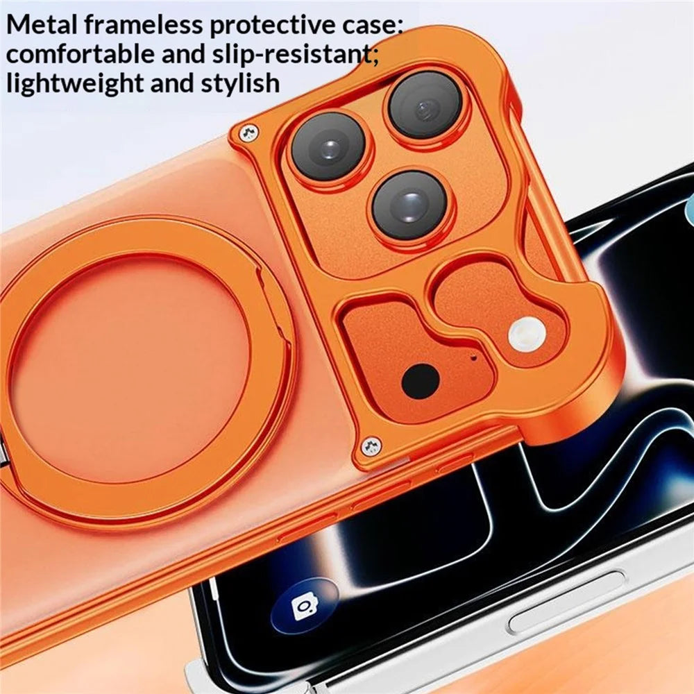 For iPhone 17 Pro Case Magnetic Rotating Kickstand PC + Aluminium Alloy Frameless Phone Cover - Orange - 5