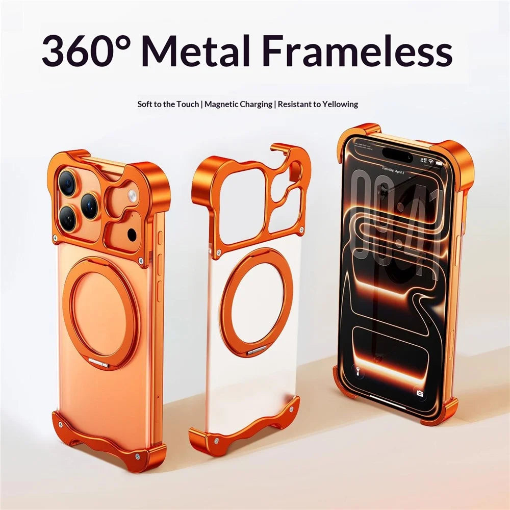 For iPhone 17 Pro Max Case Magnetic Rotating Kickstand PC + Aluminium Alloy Frameless Phone Cover - Orange - 2