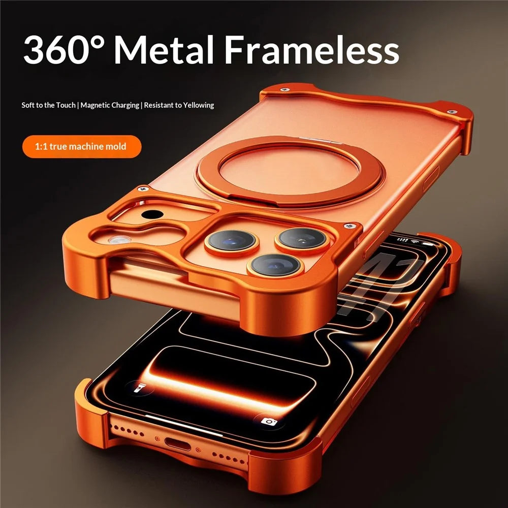 For iPhone 17 Pro Max Case Magnetic Rotating Kickstand PC + Aluminium Alloy Frameless Phone Cover - Orange - 4